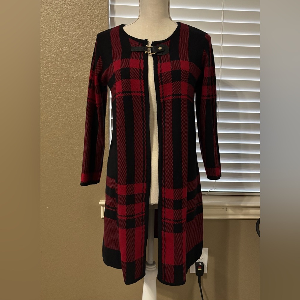 Anne Klein Red and Black Plaid Cardigan